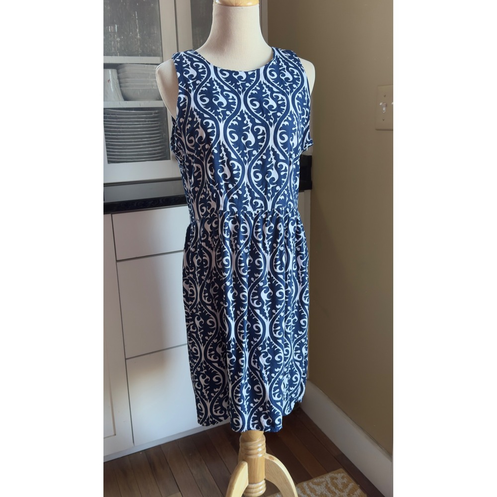 Escapada Womens Navy Blue White Damask Scroll Rayon Sleeveless Dress Size L